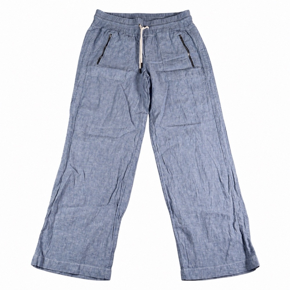 Athleta Size 6 Cabo 100% Linen Wide Leg Pant Blue Chambray Zip Pockets